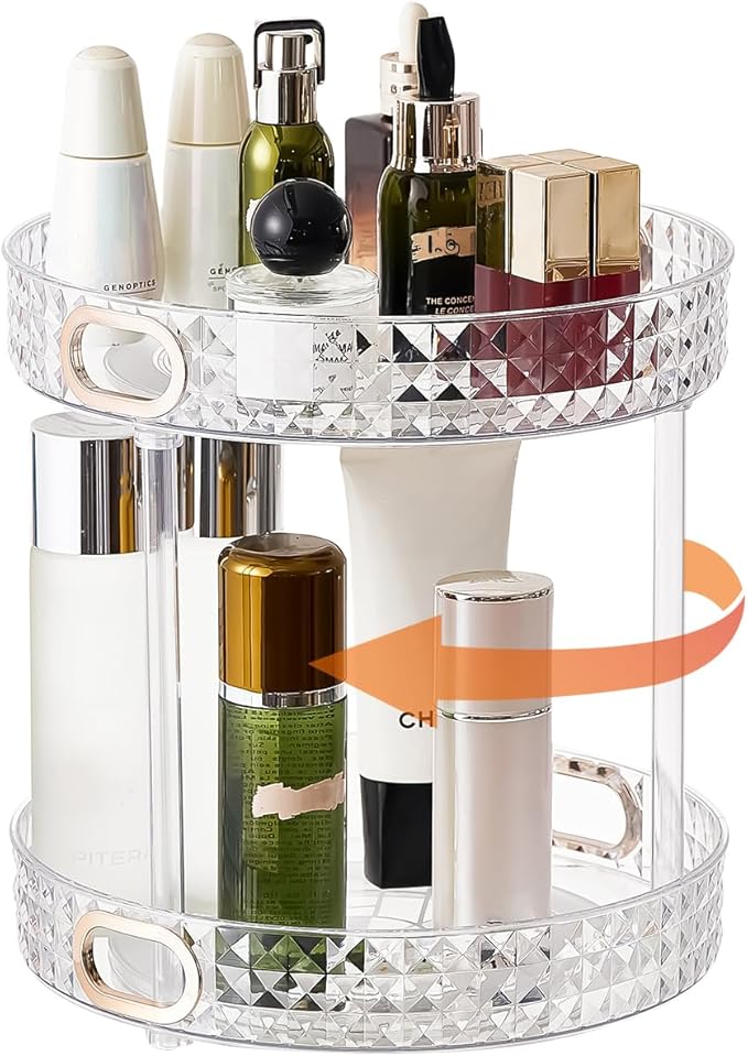 Xonusin 360° Rotating Makeup Organizer, 2 Tier Large Perfume Organizers with Portable Handle for Vanity Bathroom Countertop, Bathroom Counter Organizer for Cosmetics Skincare Perfume