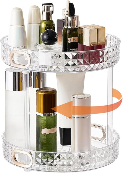 Xonusin 360° Rotating Makeup Organizer, 2 Tier Large Perfume Organizers with Portable Handle for Vanity Bathroom Countertop, Bathroom Counter Organizer for Cosmetics Skincare Perfume