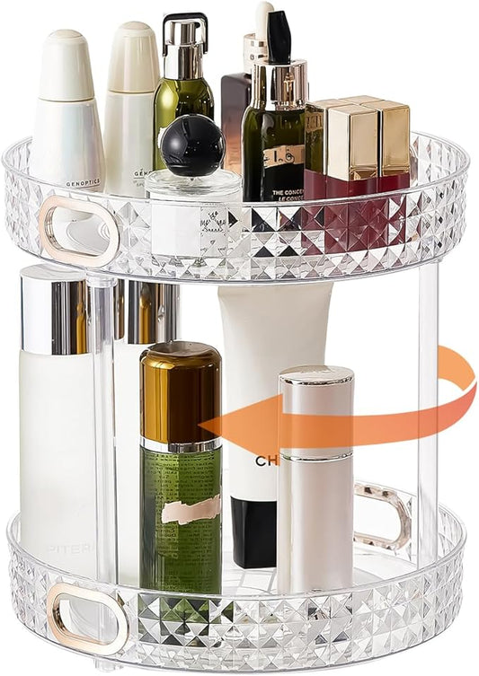 Xonusin 360° Rotating Makeup Organizer, 2 Tier Large Perfume Organizers with Portable Handle for Vanity Bathroom Countertop, Bathroom Counter Organizer for Cosmetics Skincare Perfume