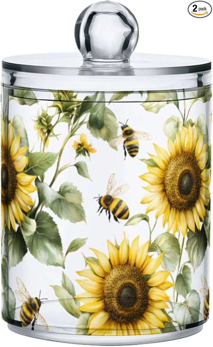 MNSRUU 2 Pack Qtip Holder Organizer Dispenser Flower Sunflower Bee Bathroom Storage Canister Cotton Ball Holder Bathroom Containers for Cotton Swabs/Pads/Floss