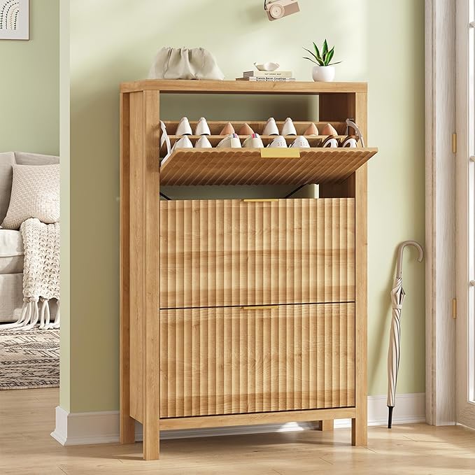 YOMILUVE Shoe Cabinet Storage for Entryway, Fluted Shoe Cabinet with 3 Flip Drawers, Hidden Shoe Rack Tall Freestanding Shoe Organizer with Legs for Hallway, Oak