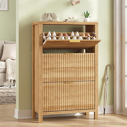 YOMILUVE Shoe Cabinet Storage for Entryway, Fluted Shoe Cabinet with 3 Flip Drawers, Hidden Shoe Rack Tall Freestanding Shoe Organizer with Legs for Hallway, Oak