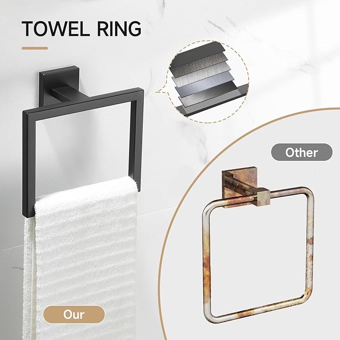 TQKAG 7-Pieces Matte Black Bathroom Hardware Accessories Set 23.6" SUS304 Stainless Steel Towel Bar Set Toilet Paper Spare Rolls Storage Holder Wall Mounted