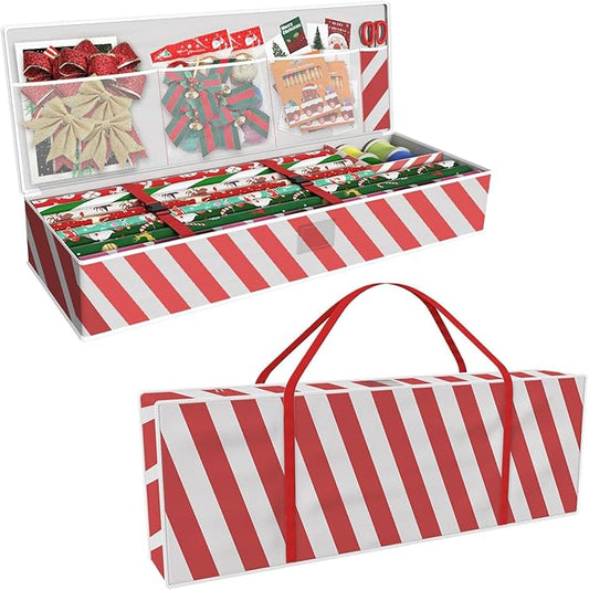 Safana Wrapping Paper Organizer Storage Bag, 42" Durable 600d Oxford Wrapping Organizer Box Under Bed Storage Containers for Decorations Paper Rolls, Ribbons, Balls, Bows (Red Stripe)
