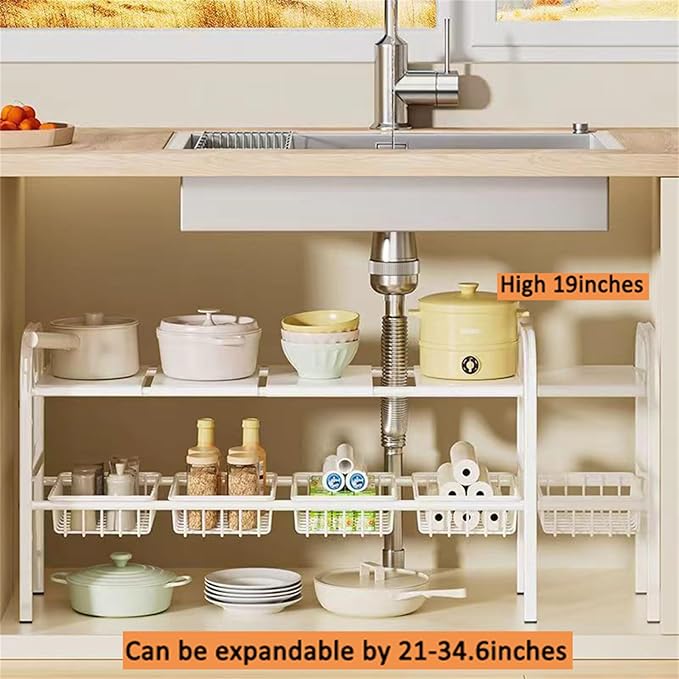 Under Sink Organizers, 2 Tier Stretchable Cabinet Shelf Organizer with 4 Removable Panels and 4 Under Shelf Basket for Under Bathroom Storage,Under Cabinet Shelves,kitchen Sink Storage Rack (white)
