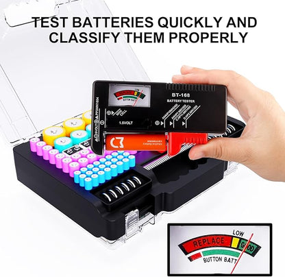 Battery Organizer Storage Case with Tester, Ultra-Large 265+ Double-Sided Batteries Container with Handle, Holds AA AAA 4A 23A C D Cell 3V 9V Lithium CR3 4LR44 CR123A 18650 (Black)