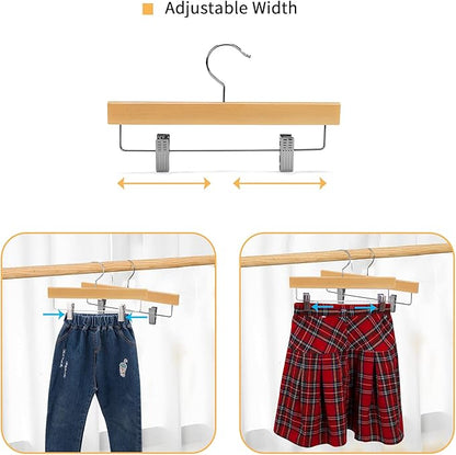 Nature Smile 11.8'' Kids Baby Toddler Children Solid Wooden Pants Hangers, Trousers Bottom Hangers with 2-Adjustable Clips Anti-Rust Hook Pack of 10 (Natural)