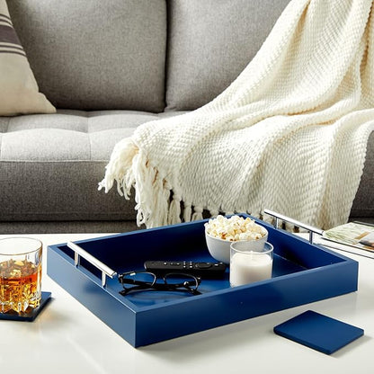 Juvale Coffee Table Tray - 15.7 x 11.8 x 3 in, Blue, Rustic Wood - Serving Tray with Interchangeable Gold & Silver Handles for Coffee Table Decor & Ottoman Use with 2 Coasters