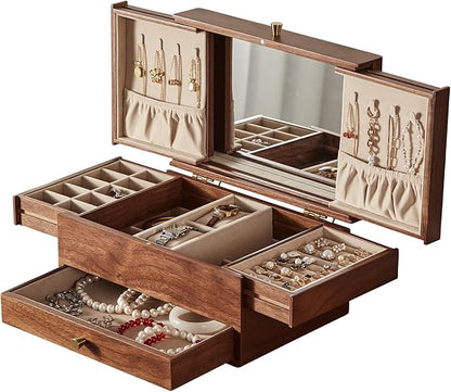 CHOSIN Black Walnut Wooden Jewelry Box for Women, 3 Level Multi-functional Drawer Organizer Box Watch Necklace Ring Earring Storage