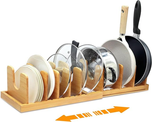 MinBoo Bamboo Expandable Pot Lid Organizer, Pot and Pan Organizer Drawer Organizer for Pot Lids, Adjustable 8 U-Shaped Dividers for Kitchen Cabinet Organizers and Storage (Bamboo-1)