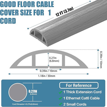 Floor Cord Covers for Wires 12FT Cable Hider Wire Cover Self Adhesive Cord Hider Floor for Offices, Homes, Workshops, Warehouses Cable Cavity 0.39" W x 0.27" H