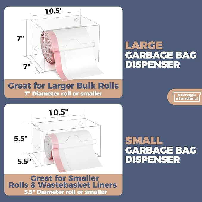 Storage Standard Trash Bag Holder Dispenser - Open Side Acrylic Bags Dispensing Roll Holder, Garbage Liner Holder for Cabinet, Garbage & Under Sink - Organizer for Home or Shops - 10.5" x 5.5" x 5.5"