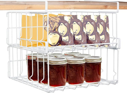 Hanging Under Shelf Storage Basket, 2 Pack Foldable Under Cabinet Metal Desk Storage Wire Rack Organizer for Kitchen Pantry Bookshelf Office Home, Easy to Install Slide-in Under Shelves (White)