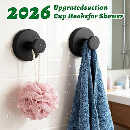 MIRAIWATIMO Strong Suction Cup Hooks -2026 New Upgraded No Drill Heavy Duty Hooks for Shower, Bathroom,Glass Door,Tile,Mirror & Front Door - Wreath Hanger,Towel,Robe,Loofah Holder - Black 2 Pack