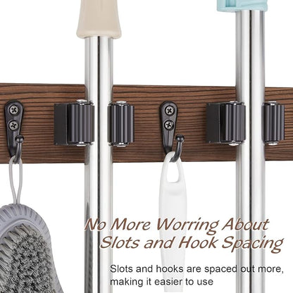 Mop Broom Holder Wall Mount with 3 Slots & 4 Hooks - Wood Broom Mop Hanger for Pantry Kitchen Organization - Garden Tool Organizer for Closet Laundry Room - for Rustic Farmhouse Kitchen Decor