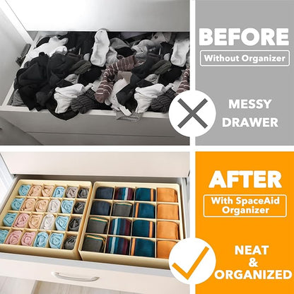 SpaceAid Sock Drawer Organizer Divider 3 Pack, 64 Cell Dresser Closet Nursery Underwear Organizers Storage Bins for Organizing Socks Underwear Ties Belts (Beige)