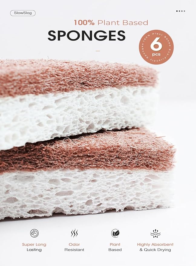 Slow Slog Double Sponge Holder, Water-Absorbing Stone Dish Sponge Caddy for Kitchen Sink Counter, Fast-Drying Stone Sponge Holder with 6 Sponges and 1 Brush, White