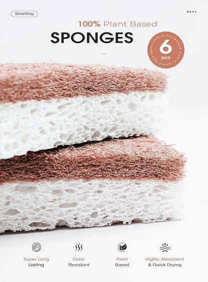 Slow Slog Double Sponge Holder, Water-Absorbing Stone Dish Sponge Caddy for Kitchen Sink Counter, Fast-Drying Stone Sponge Holder with 6 Sponges and 1 Brush, White
