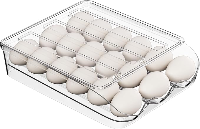 Egg Holder for Fridge 16 Capacity Automatic Rolling Egg Organizer for Refrigerator, Clear Stackable Container for Kitchen or Pantry Storage 1 Pack