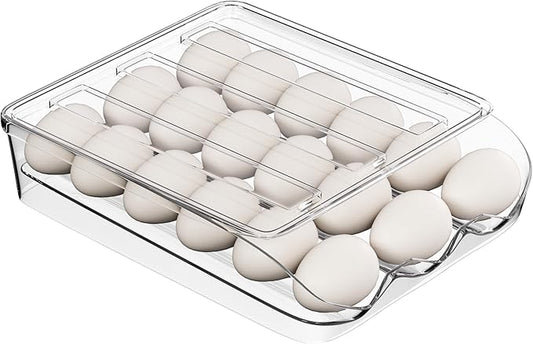 Egg Holder for Fridge 16 Capacity Automatic Rolling Egg Organizer for Refrigerator, Clear Stackable Container for Kitchen or Pantry Storage 1 Pack