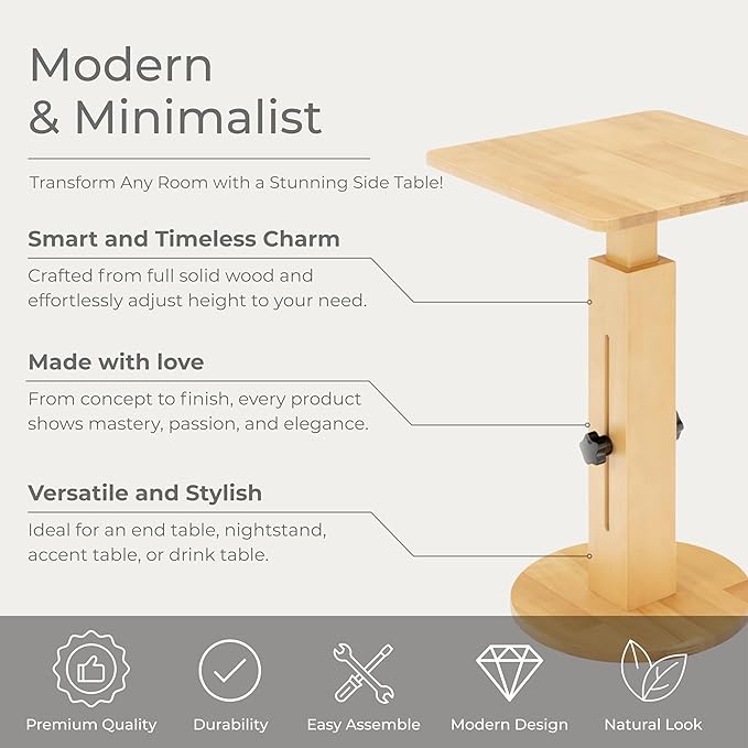 Behomes Aurin Solid Wood Nightstand, Modern Side Table with Adjustable Height, Couch End Table, Accent Bedside Table for Bedroom, Living Room, Square Top, Natural