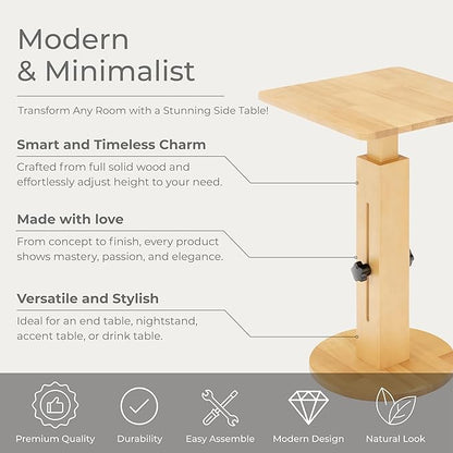 Behomes Aurin Solid Wood Nightstand, Modern Side Table with Adjustable Height, Couch End Table, Accent Bedside Table for Bedroom, Living Room, Square Top, Natural