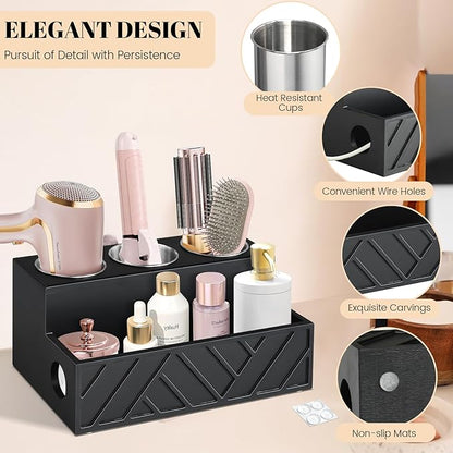 Unistyle Hair Tool Organizer, Wall Mounted, Bathroom Countertop, Vanity Organizer, Black, Wooden, Rectangular, Rustic, Art, 7.1 x 5.3 x 5.3 Inches, Paulownia Wood & Stainless Steel, 1.87 Pounds
