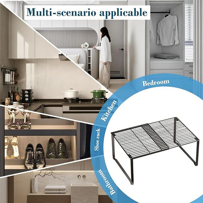 HGZBS Extendable Metal Wire Shelf Organizer - Adjustable 15-24.4in Length, Stackable Storage Rack for Kitchen/Pantry/Bathroom/Shoe Cabinet/Tool Closet (2,Black)