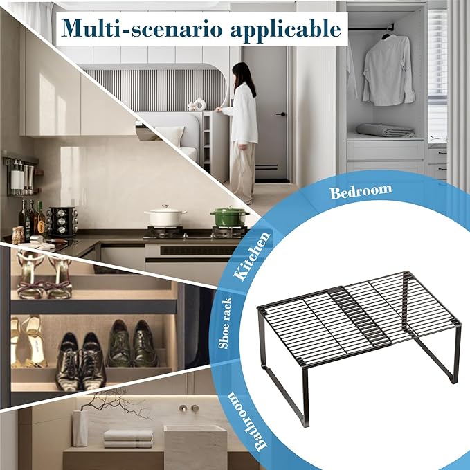 HGZBS Extendable Metal Wire Shelf Organizer - Adjustable 15-24.4in Length, Stackable Storage Rack for Kitchen/Pantry/Bathroom/Shoe Cabinet/Tool Closet (4,Black)