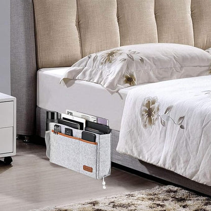 WantuSee Bedside Caddy, Felt Bed Storage Organizer Hanging Bag Holder with 5 Pockets, Magazine Book Phone Tablet iPad Cables Remote and Water Bottle Holder for Home Dorm Bed Sofa, Light Gray