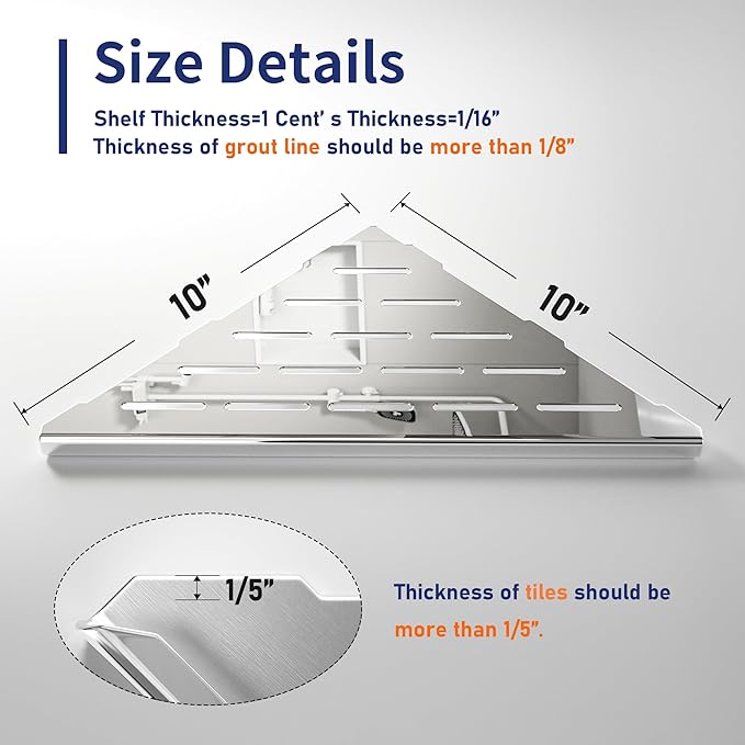 Bernkot Corner Shower Shelf 10" Polished 304 Stainless Steel Recessed Corner Shelves with Slot Design Bathroom Grout in Shelf for Tiled Wall, 2 Pack