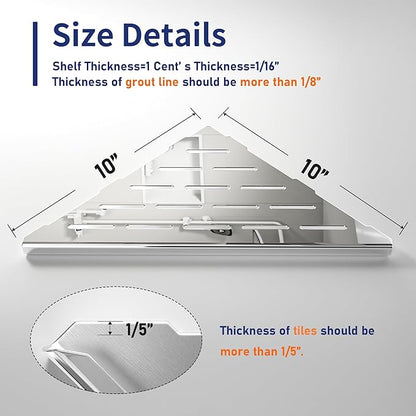 Bernkot Corner Shower Shelf 10" Polished 304 Stainless Steel Recessed Corner Shelves with Slot Design Bathroom Grout in Shelf for Tiled Wall, 2 Pack