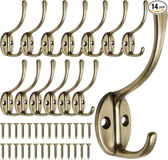 14 Pack Coat Hooks Wall Mounted with 28 Screws, Heavy Duty Antique Brass Towel Hooks Metal Double Hooks, No Rust Retro Rustic Wall Hooks for Hanging Towel, Coat, Scarf, Bag, Hat, Cup, Key