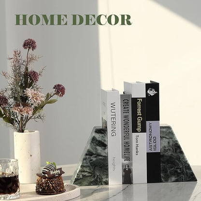 Marble Bookends for Heavy Books, Decorative Bookends for Shelves, Green Stone Book Ends, Heavy-Duty Book Ends for Hardback Book & Cookbooks, Unique Book Stopper & Holder, Set of 2