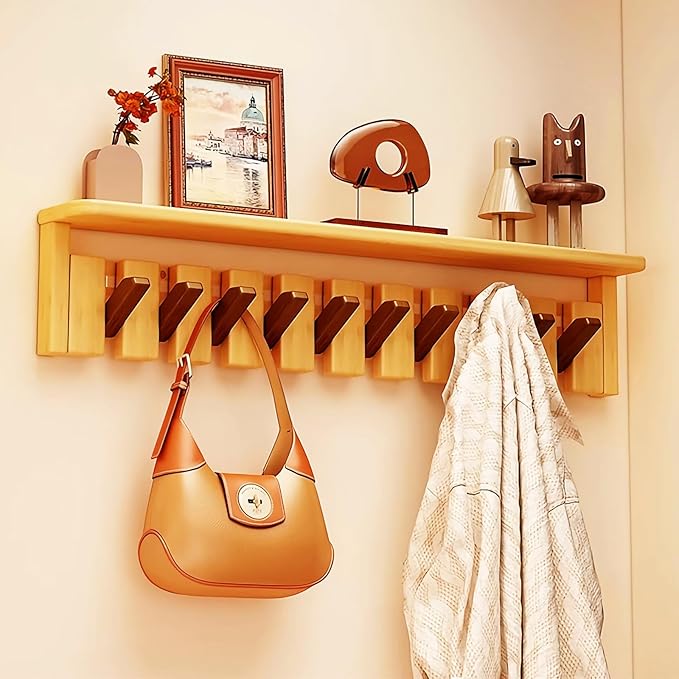 Wall Mounted Coat RackHooks Piano Key Hangers Natural Solid Wood Hanger Non-Woven Fabric Clothes Hangers for Closet, Kitchen, Bedroom, Bathroom, Entryway (Tray Walnut-Beech, 10 Hooks)