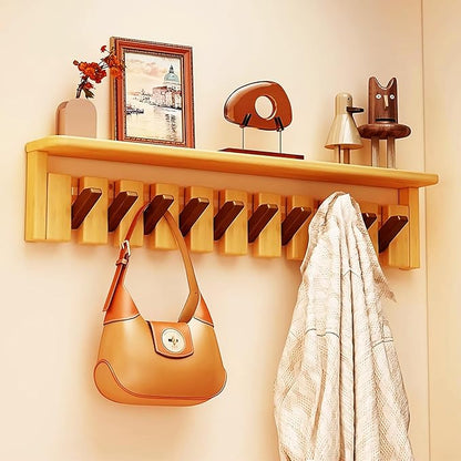 Wall Mounted Coat RackHooks Piano Key Hangers Natural Solid Wood Hanger Non-Woven Fabric Clothes Hangers for Closet, Kitchen, Bedroom, Bathroom, Entryway (Tray Walnut-Beech, 10 Hooks)