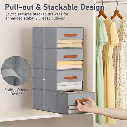DIMJ Closet Organizers and Storage - Pull-out Fabric Bins with Drawers for Closet Foldable Clothes Organizers with Clear Window, Stackable Storage Drawers for Bedroom,Living Room,Shelf,6-Pack, Grey