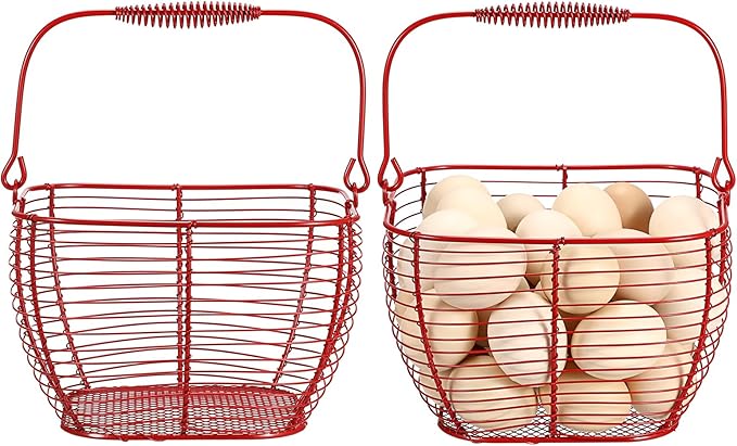 2 PCS 7" Red Square Wire Egg Baskets for Fresh Egg With Handle, Small Metal Collecting Basket for Gathering Fresh Eggs, Chicken and Duck Eggs Hunting Basket Egg Holder Countertop