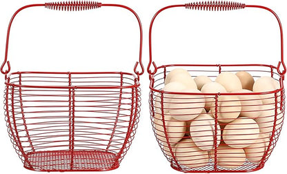 2 PCS 7" Red Square Wire Egg Baskets for Fresh Egg With Handle, Small Metal Collecting Basket for Gathering Fresh Eggs, Chicken and Duck Eggs Hunting Basket Egg Holder Countertop