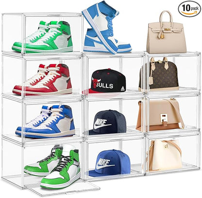 10 Pack Large Acrylic Shoe Box, Size 13 Sneaker Display Case Clear Stackable Display Case with Magnetic Door Toy Hat Collectible Sneakerheads Storage Organizer Bins for Entryway, Closet, Underbed
