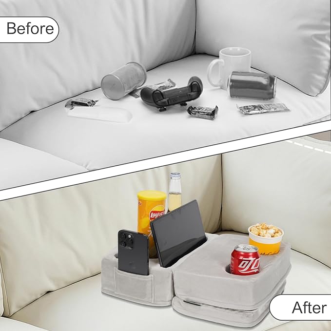 Couch Cup Holder Tray Pillow, Large Sofa Organizer Caddy with 6 Holes and Side Pocket Bed Refreshment Tray for iPad, Drinks, Remotes, Phones, Snacks, Removable & Washable (Silver)