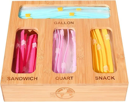 Earth’s Dreams Bamboo Kitchen Drawer Organizer – Resealable Food Storage Bag Holder for Gallon, Quart, Sandwich & Snack Sizes – Eco-Friendly Baggie Organizer for Plastic Storage Bags
