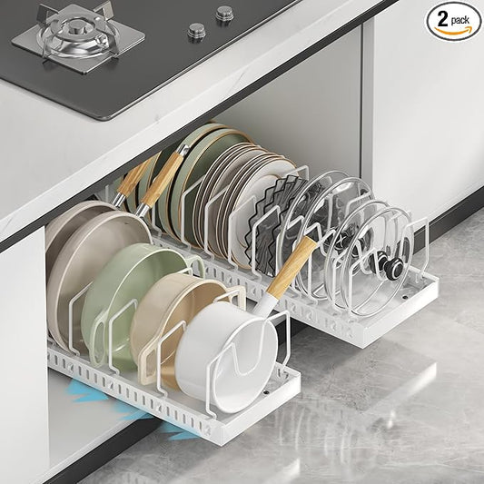 Pull-Out Pots and Pans Organizer, 2 Pack Under Cabinet Pot Lid Holder, Slide Lid Organizers Inside Cabinet, Pot Lid Organizer for Kitchen, Bakeware, Dishes, 10 Adjustable Dividers - White