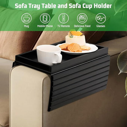 Couch Armrest Table, Bamboo Couch Cup Holder, Couch Cup Holder Tray, Sofa Arm Tray, Armchair Caddy 12.4" x 5.5" with Nonslip Felt Bottom, Sturdy Bamboo Slats for Armrests 6" and Wider (Black)