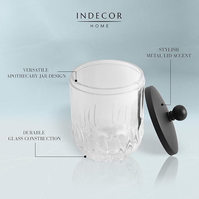 Indecor Home Glass Jar with Metal Lid for Bathroom Organization, Clear Apothecary Jar for Cotton Balls, Q Tips, and Small Accessories, Stylish Bathroom Storage Container Black