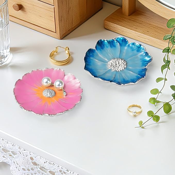 LARAINE Jewelry Dish Display Trinket Tray Flower Home Decorative Organizer Gift Necklace Earring Rings Holder Storage 3.15" (2 Piece Set (Pink+Blue))