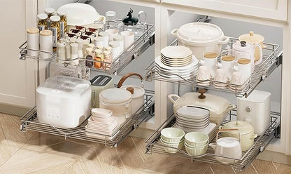 DINDON 2 Tier Pull Out Cabinet Organizer (17" W X 21" D), Double Tier Wire Basket Slide Out Shelf Storage for Kitchen Base Cabinet, Chrome Finish