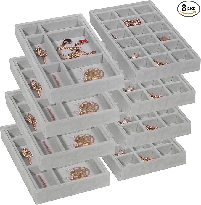 DIOMMELL 8 Pack Stackable Velvet Jewelry Trays Organizer, Jewelry Storage Box Display Trays Showcase Holder Closet Dresser Drawer Organizer for Earring Necklace Bracelet Ring Accessary