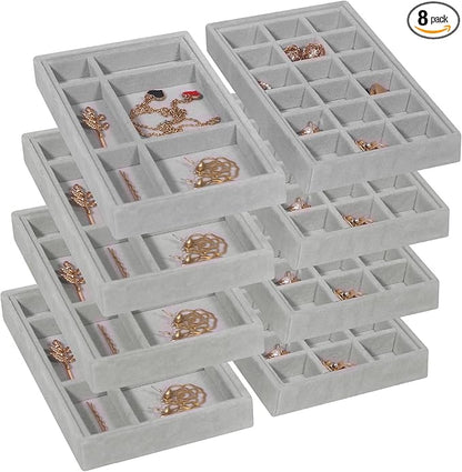 DIOMMELL 8 Pack Stackable Velvet Jewelry Trays Organizer, Jewelry Storage Box Display Trays Showcase Holder Closet Dresser Drawer Organizer for Earring Necklace Bracelet Ring Accessary
