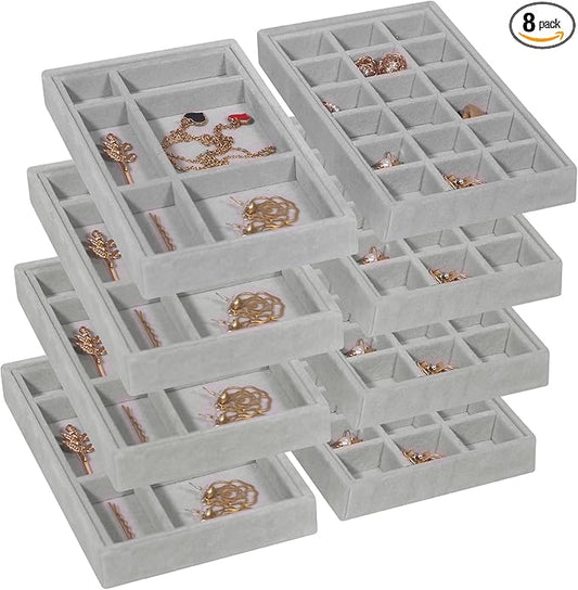 DIOMMELL 8 Pack Stackable Velvet Jewelry Trays Organizer, Jewelry Storage Box Display Trays Showcase Holder Closet Dresser Drawer Organizer for Earring Necklace Bracelet Ring Accessary